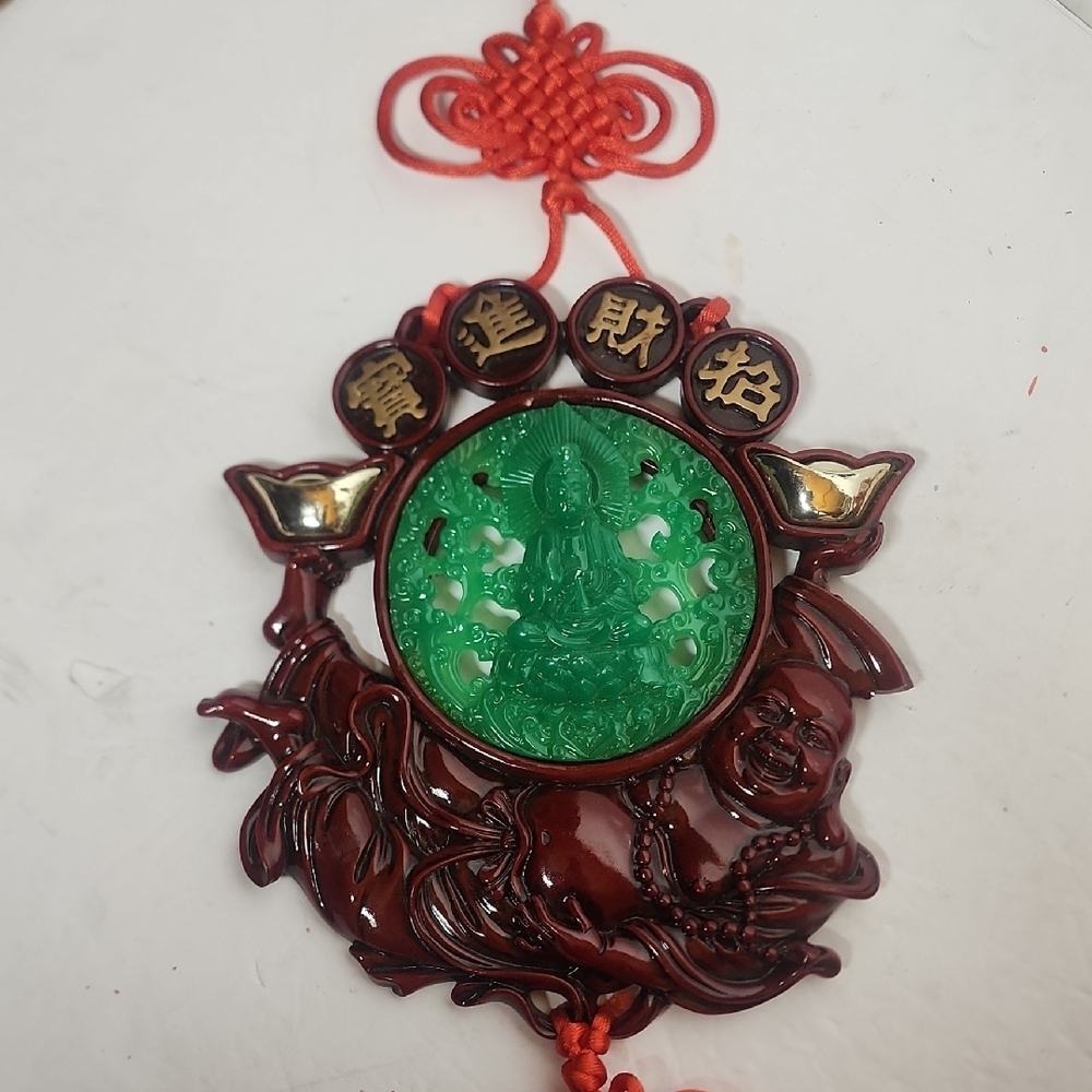 Vintage Chinese Culture Happy Buddha Heavy Green & Brown Faux Jade Wall Hanging